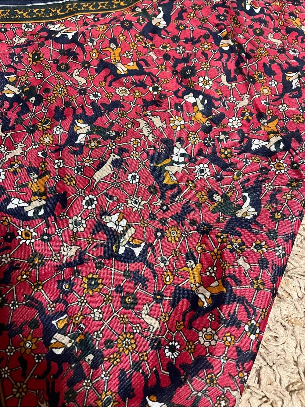 Floral Red Triangle Scarf with Navy Border
